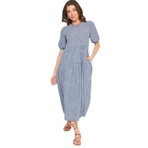 NWT Old Navy Blue Gingham Puff Sleeve Tiered Midi Dress Size M